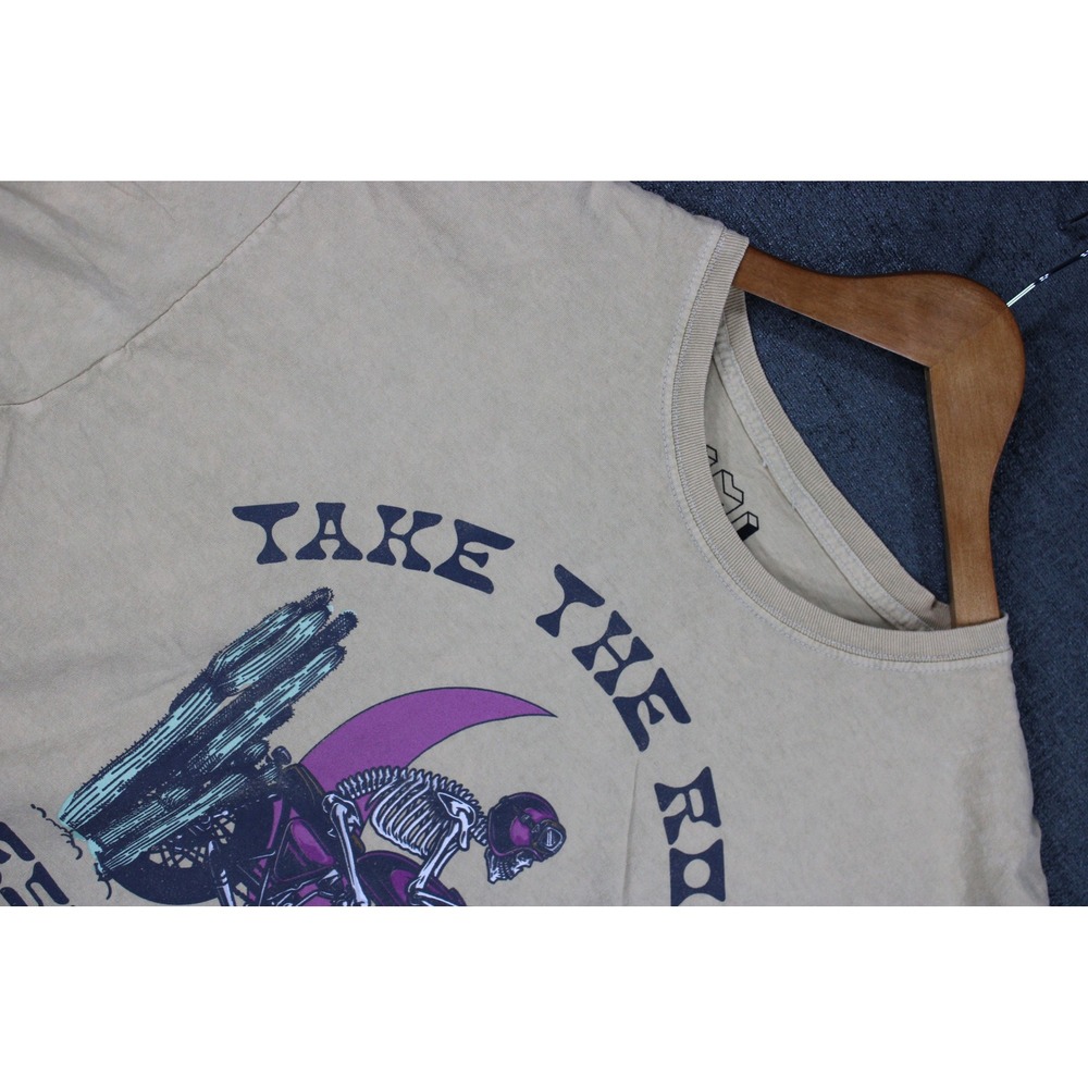 Isaac Morris Take The Road Less Traveled Skeleton Biker Graphic Crop Tee Tan L